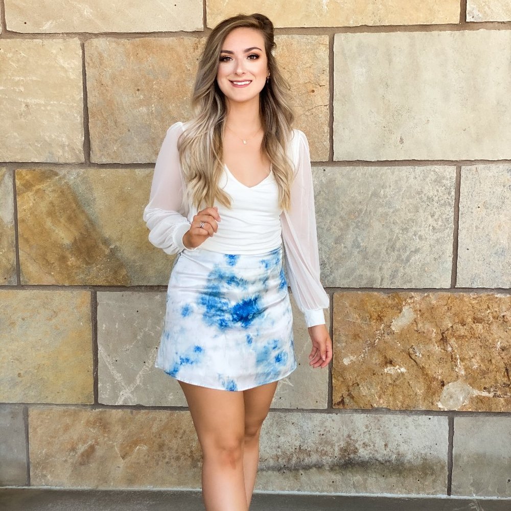 Cloud 9 Satin Tie Dye Skirt (Ivory/Blue)